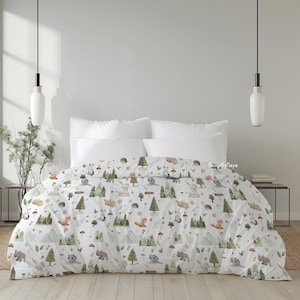 Whimsical forest duvet, woodland theme bedding, Africa Duvet, Pine trees comforter, Fox, Deer, Raccoon, Fawn, Bear, Bunny, Hedgehog bedding
