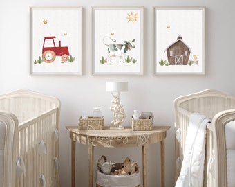 Farm Animals Nursery Prints, Tractor, Cow, Barn