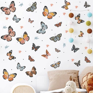 Boho butterfly wall stickers, Earth tones foliage decor, leaves decals, Botanical decor, Leaf Wall Decal clings Scandinavian Boho kids Decal