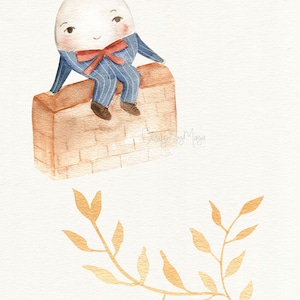 May include: A watercolor illustration of a white egg wearing a blue and white striped suit, a red bow tie, and a gold crown. The egg is sitting on top of a brown brick wall. The background is white with a gold leaf branch in the bottom right corner.