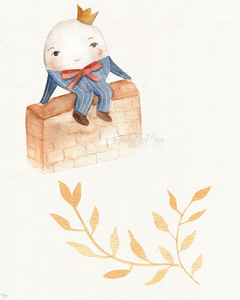 May include: A watercolor illustration of a white egg wearing a blue and white striped suit, a red bow tie, and a gold crown. The egg is sitting on top of a brown brick wall. The background is white with a gold leaf branch in the bottom right corner.