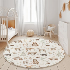 Tapete redondo com tema de floresta, tapete redondo com mapa-múndi, tapete de brincar, tapete estampado para quarto infantil, tapete de chão para sala de jogos, tapete redondo com decoração de animais
