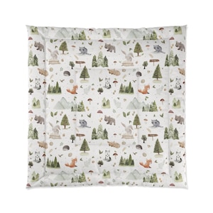 Woodland kids room comforter, Africa Safari Duvet, Safari comforter, Bear, Bunny, Raccoon, Fox, Hedgehog Pine tree design, Kids room bedding