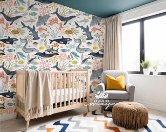 Sea Life Wallpaper: Boho aquarel kinderkamer muurschildering