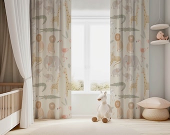 Sears Perma-prest 子供部屋カーテン 動物 ヴィンテージ アフリカの動物が大集合！子供部屋におすすめな手書きタッチのアニマル