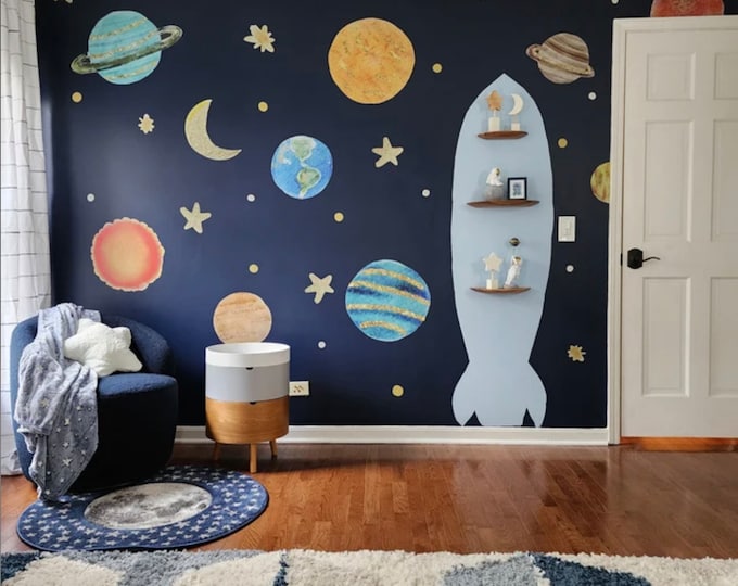 Solar System Fabric Wall Decals: Space Nursery Decor, Rocket ship, Planet Earth, Sun, Mars, Moon