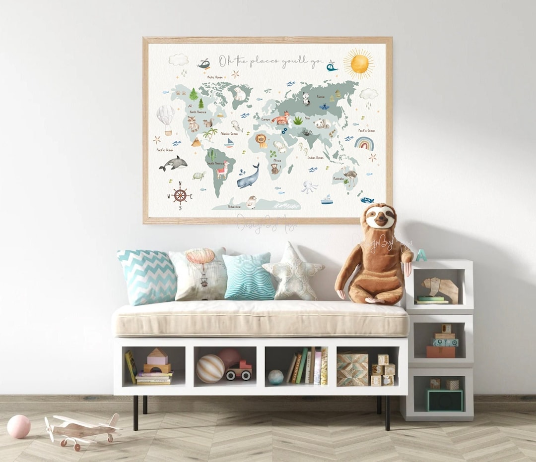 World Map Printed on Canvas Fine Art, Kids Room Abc Wall Art Decor