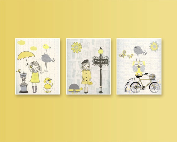 Nursery Wall Art Print Baby Room Decor Baby Room Paris Metro Set Of 3 8x10 Shabby Chic Vintage Style Nursery Yellow And Gray