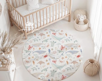 Alfombra redonda infantil con temática náutica: decoración para sala de juegos o guardería, criaturas marinas, vida oceánica.