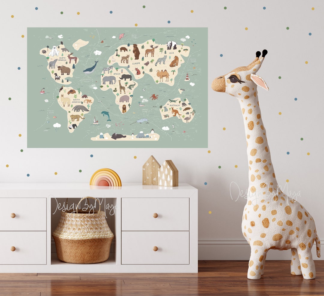 World Map Wall Decal, Peel and Stick Kids World Map Wall Mural ...