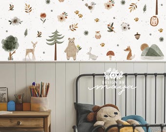 Aquarel bos kinderkamer muurstickers, bosdieren, dennenbomen, beer, egel, vos, hert en konijn