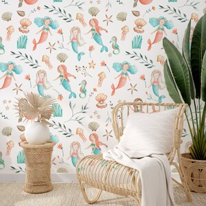 Under the sea Girl room wall paper, Mermaids baby girl wallpaper, Ocean Nursery, Mermaid Wallpaper, Mint and coral, Shells, Seahorse art