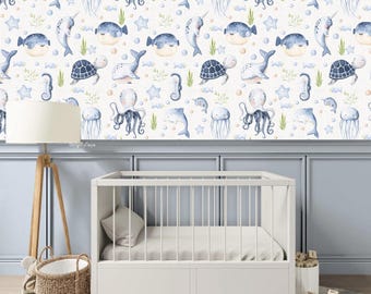 Nautical Sea Life Wallpaper: Baby Octopus, Whale, Shark