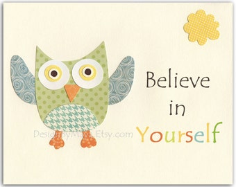 Children Room Art // Baby Nursery Decor // Kids Nursery // Owl Decor Print // Inspiring Print: Believe in Yourself // Green Blue Orange