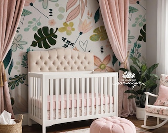 Papel pintado removible Wildflower: mural floral moderno para habitación infantil, coral y menta.