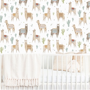 Carta da parati Lama per cameretta dei bambini, Carta da parati per cameretta dei bambini Carta da parati Alpaca Carta da parati per cameretta dei bambini Fiore Coniglio Acquerello Foresta magica per bambini Cameretta dei bambini