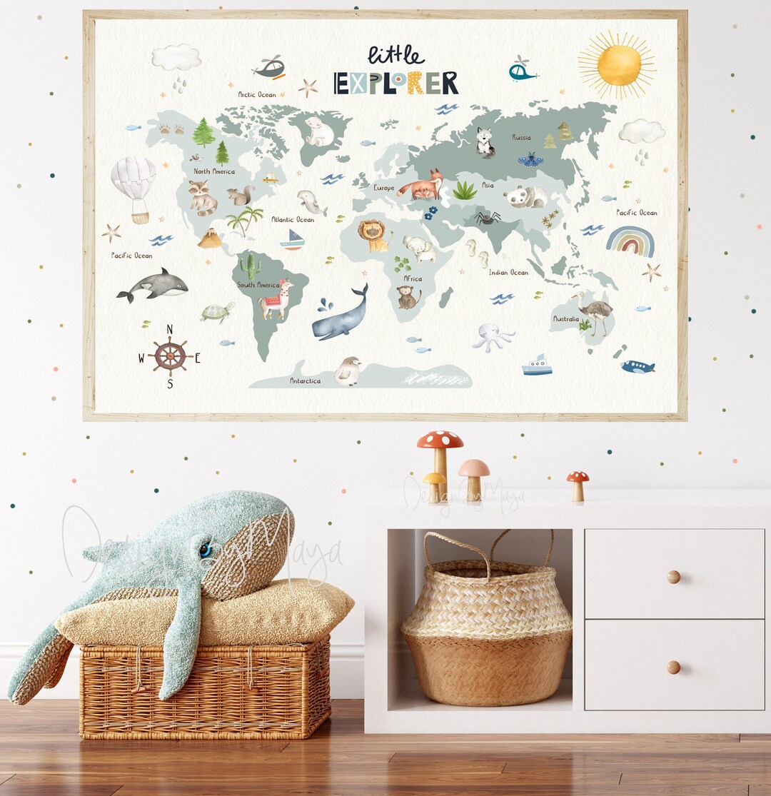 World Map Kids Room Wall Decor, World Animals Nursery Decal Animal ...
