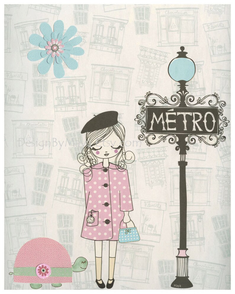 Nursery art Baby room decor French decor nursery wall art Paris Metro Shabby chic Vintage style nursery Pink Green Aqua Mint Umbrella Bike
