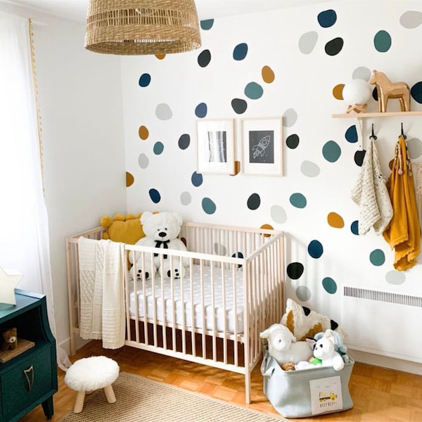 Boho baby room Mustard Mint wall sticker Irregular size polka dots Decor Polka Dot Wall Kid Decal Modern Nursery Hand drawn Nursery Kid room