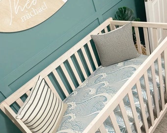 Vintage blue Boho Waves Fitted Crib Sheet, Crib Sheet, Waves Crib Sheet, Blue Crib Sheet, Ocean Crib Sheet, Watercolor Under The Sea bedding