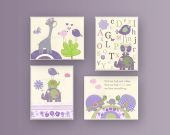 Baby girl Room Decor, Nursery wall Art prints, set of 4 8x10..match to carters elephant patches bedding, lavender and green