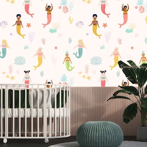 Mermaids baby girl wallpaper, Under the sea Girl room, Sea Girl room, Ocean Nursery, Mermaid Wallpaper, Mint and coral, Shells, Seahorse art
