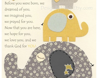 Elephant Nursery Art: Gray & Yellow Baby Room Decor