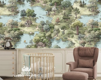 Winnie The Pooh Hundred Acre Wood Decor, Watercolor Forest Nursery Wallpaper - Boho Farmhouse Style