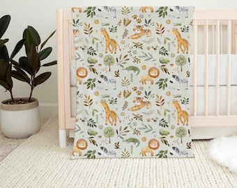 Safari Nursery Blanket, Jungle animals bedding,Spring Baby girl nursery bedding Minky Sherpa Fleece Modern baby room Green leaves Foliage