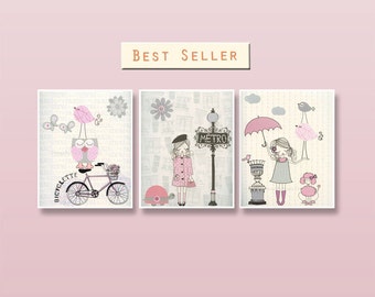 Shabby Chic Paris Nursery Art Prints: Pink & Gray, Set of 3