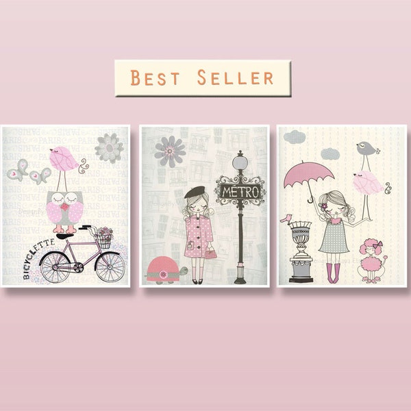 Shabby Chic Paris Nursery Art Prints: Pink & Gray, Set of 3
