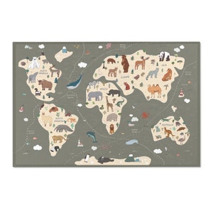 Wereldkaarttapijt, speelkleed, speelkleed, kinderkleed, kindertapijt, kinderkamertapijt, bedrukt tapijt, vloerkleed speelkamer, decor wereldkaart, decor dieren