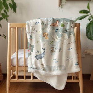 Minky Decke, Weltkarte Kinderzimmer, Baby Tiere Decke, Baby Tiere Kinderzimmer Bettwäsche, All rund um den Globus Decke, Kleine Entdecker Bettwäsche
