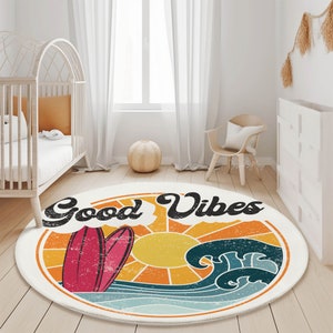 Tapete Good Vibes, Tapete redondo de floresta caprichosa, Tapete redondo de mapa-múndi, Tapete estampado para quarto de criança, Tapete de chão para sala de jogos, Tapete redondo de animais para decoração