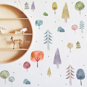 Woodland theme kids room Wall Decal, Fabric Wall Decal Room Mural Nursery decal, Tree Forest Decals Pine trees stickers Baby decor, Magical