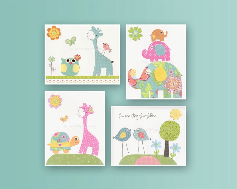 Girl Nursery prints Baby girl Room Decor Nursery Art Set of 4 match the colors Daisy bedding Kids room art Pink Aqua Green Yellow Orange image 1