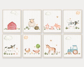 Láminas de animales de granja para bebés, linda decoración para habitación de bebé, regalo para baby shower, decoración de habitación de bebé, arte de pared para habitación de bebé, oveja bebé, cerdo, vaca, granero, tractor