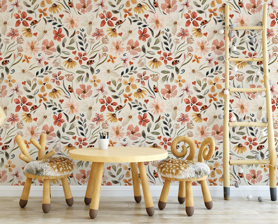 Farmhouse Baby Wallpaper, Wild Flowers Kids Wallpaper, Boho Style ...
