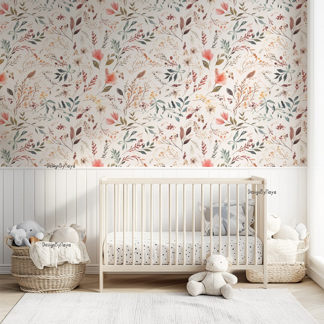 Floral Watercolor Peel and Stick Wallpaper: Boho Nursery Decor - Etsy