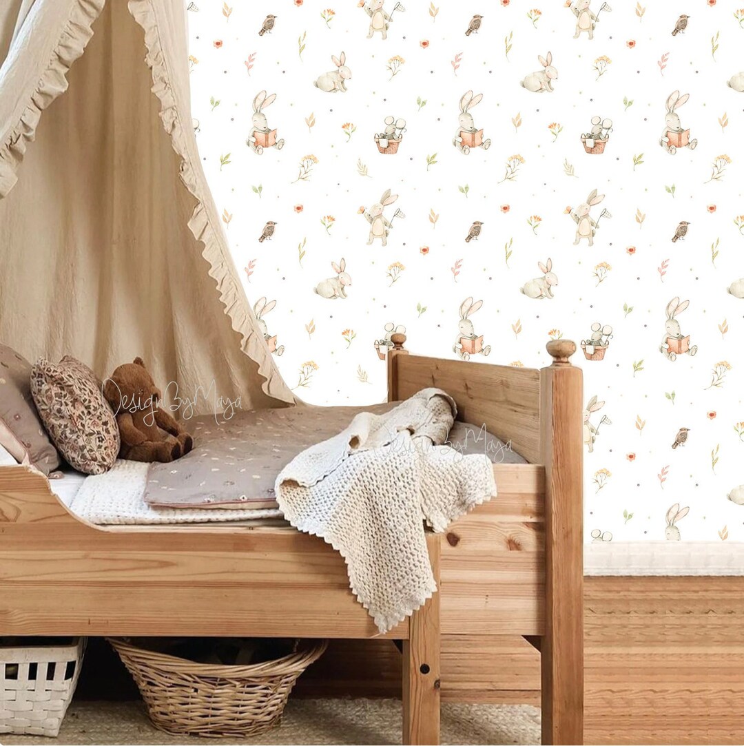 Bunny Nursery Wallpaper: Boho Watercolor Peel and Stick Mural - Etsy