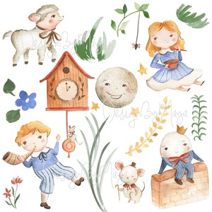 May include: Watercolor illustration of a whimsical scene with a clock, a moon, a lamb, a girl in a blue dress, a boy with a horn, a mouse with a cane, a white egg with a crown, and a small brown brick wall.