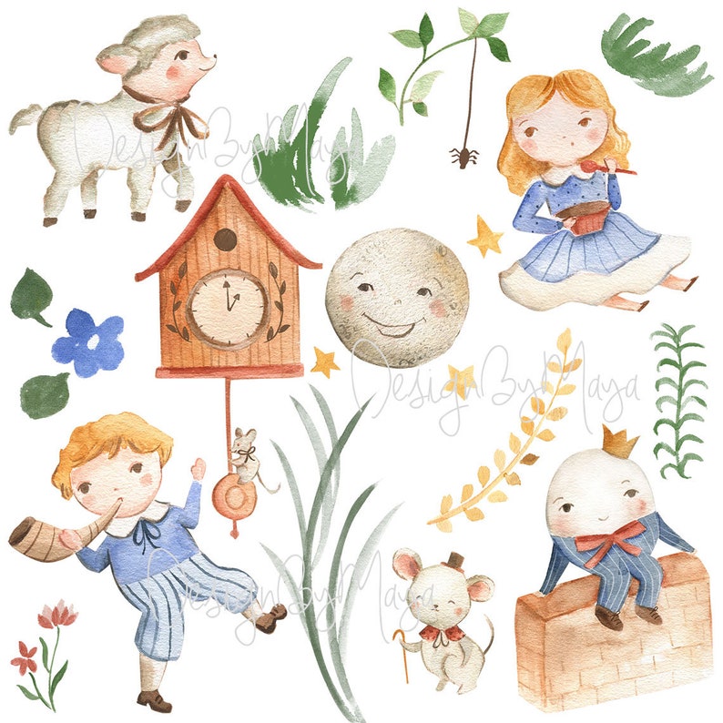 May include: Watercolor illustration of a whimsical scene with a clock, a moon, a lamb, a girl in a blue dress, a boy with a horn, a mouse with a cane, a white egg with a crown, and a small brown brick wall.