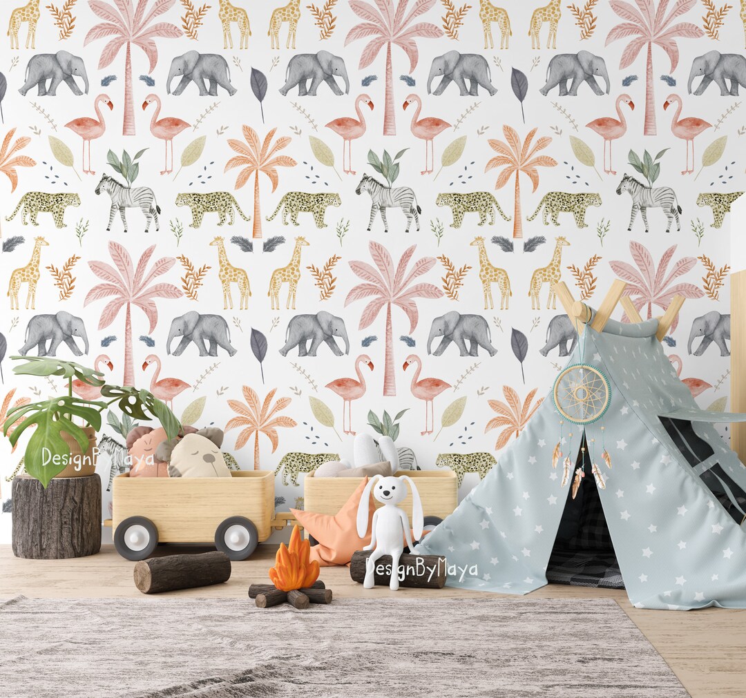 Jungle Animals Wallpaper: Boho Nursery Decor Mural - Etsy