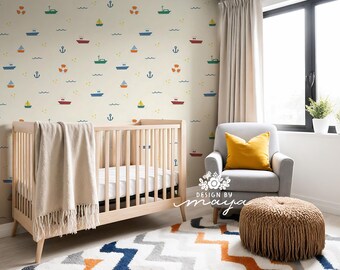 Wallpaper Boats & Waves: nautisch kinderdagverblijf, boho-muurschildering, Silly Goose, boerderijdecor, babyblauw behang
