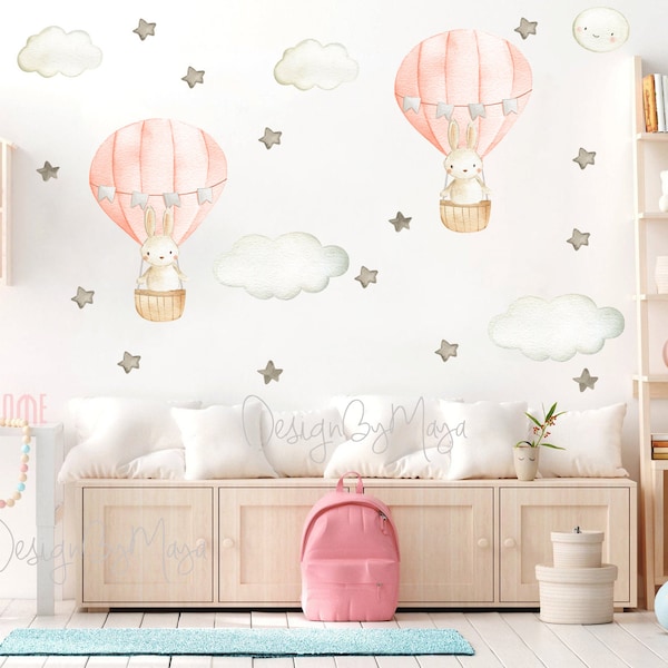 Bunny Balloon Watercolor Nursery Coral decals Baby Girl Wall art Balloon sticker Wall Decor Girl room Decals Hot air Balloon clings Decor