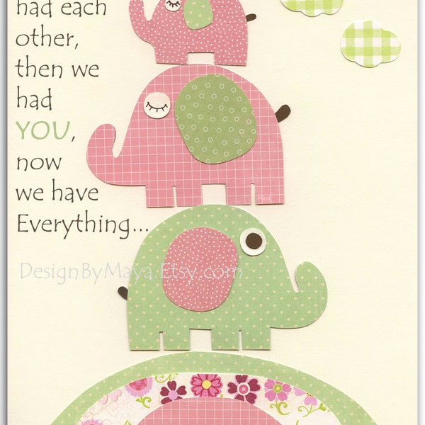Elephant Nursery Print: Pink & Green Baby Girl Room Decor