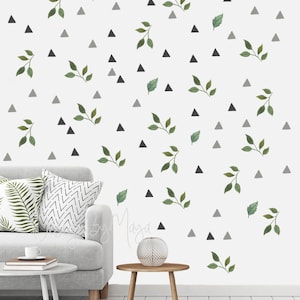 Stickers groene bladeren, botanische print, muursticker groen blad, muursticker, moderne sticker, sticker stof driehoek, Scandinavische kunst, muursticker