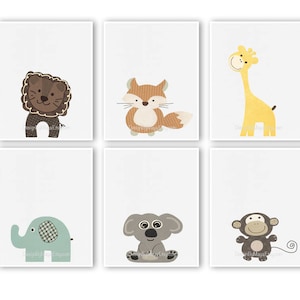 May include: Set of six printable nursery art prints featuring cartoon animals with a neutral color palette. The animals include a lion, fox, giraffe, elephant, koala, and monkey.
