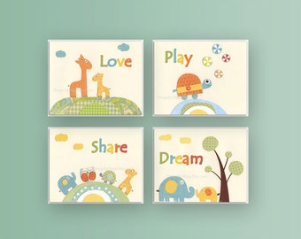Kids wall art decor, Nursery art prints, Baby Room decor, Nursery Art, Inspiration quote..Set of 4 prints dream, love, play, share