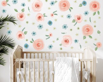 Floral Wall Decals: Watercolor Roses, Baby Girl Nursery Decor